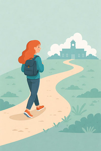 Photo of young woman walking a path